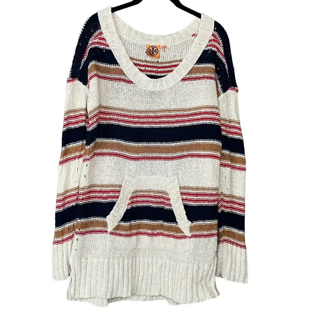 Tory Burch Tunic Sweater Striped V-Neck Linen Blend Size Medium